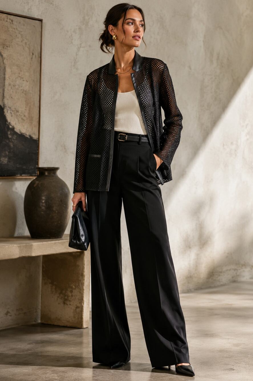 Elie Tahari Black Mesh Jacket S Lamb Leather Trim Designer Blazer